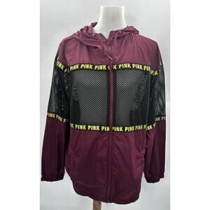 PINK Victoria’s Secret Mesh Windbreaker Jacket Hooded Zip Burgundy M/L